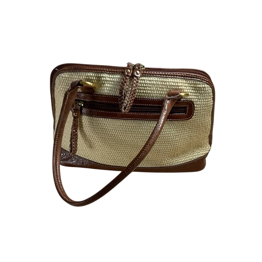 Giani Bernini Off-White Straw Top Handle Brown Leather Accent Satchel Purse Bag
